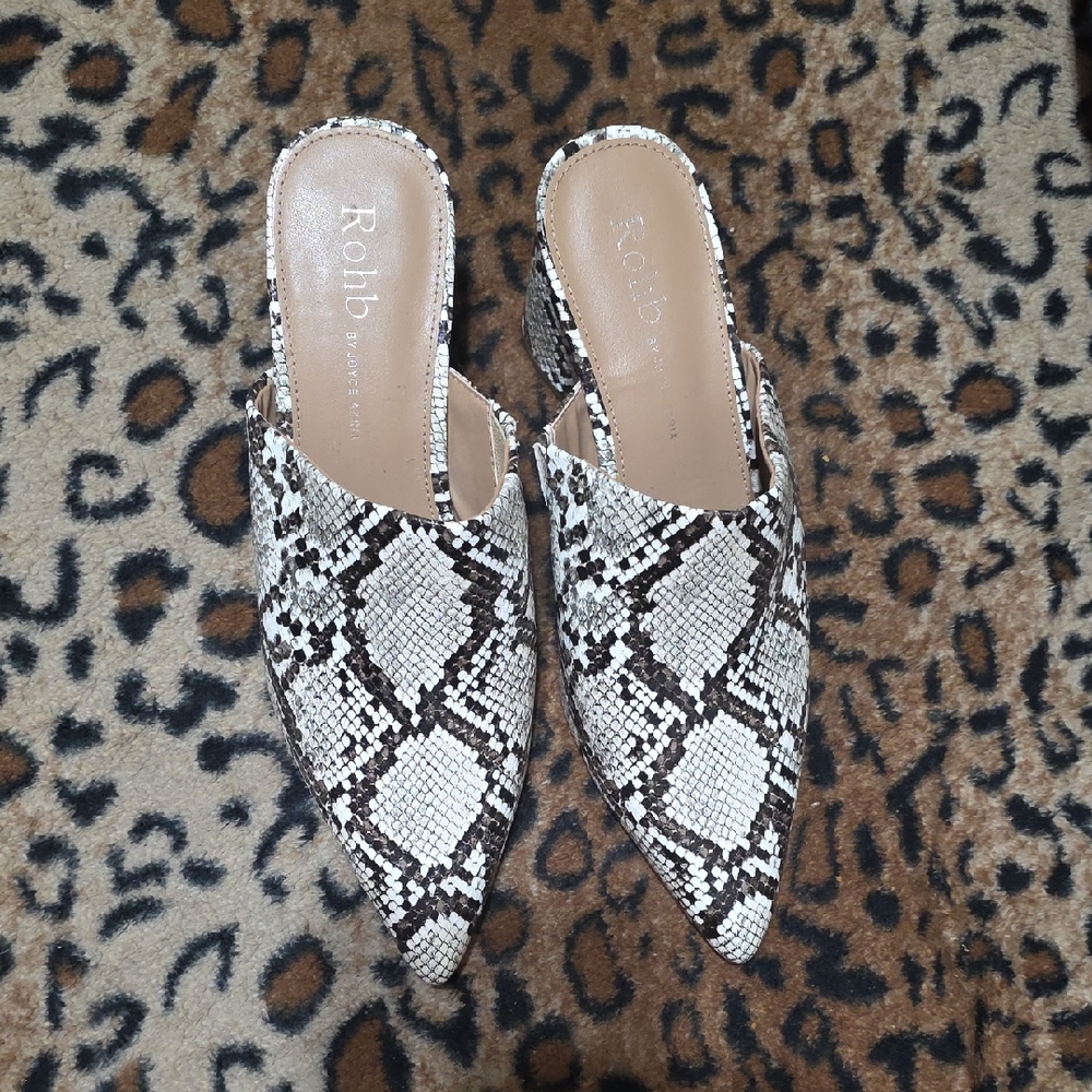 ROHB Black and White Snakeskin Mules